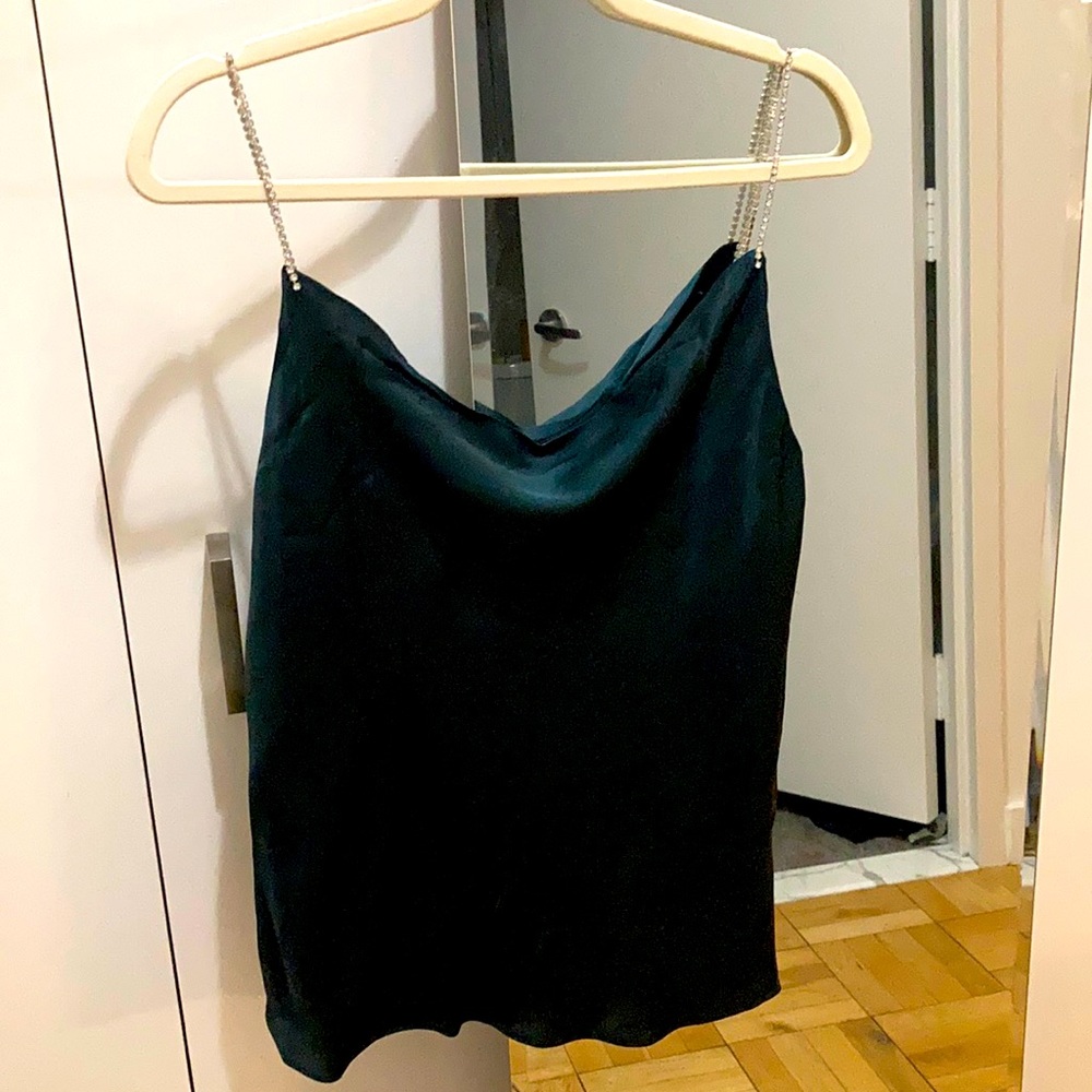 Dark green silky camisole with crystal straps